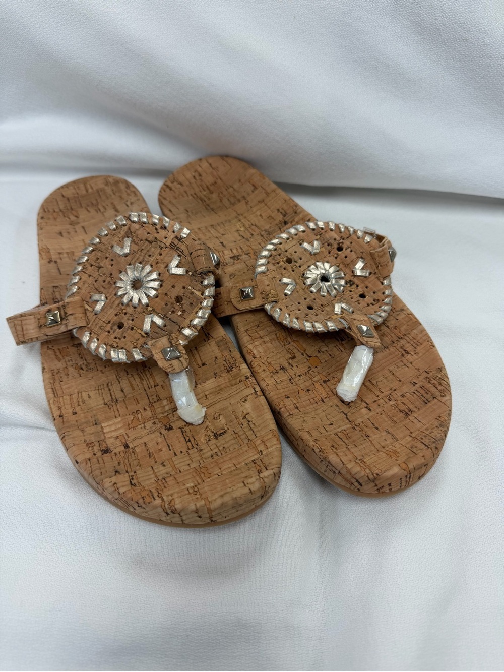 Jack Rogers Collins Cork & Silver Metallic Whipstitch Thong Sandals Size 9.5 New